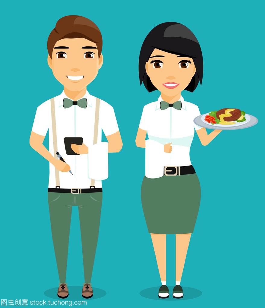 蓝色卡通世界中的餐饮服务员